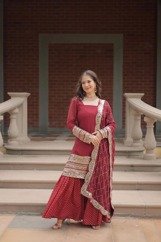 designer readymade top-sharara-dupatta collections in maroon color
