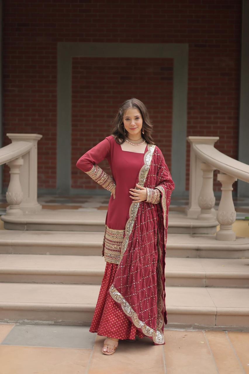 designer readymade top-sharara-dupatta collections in maroon color