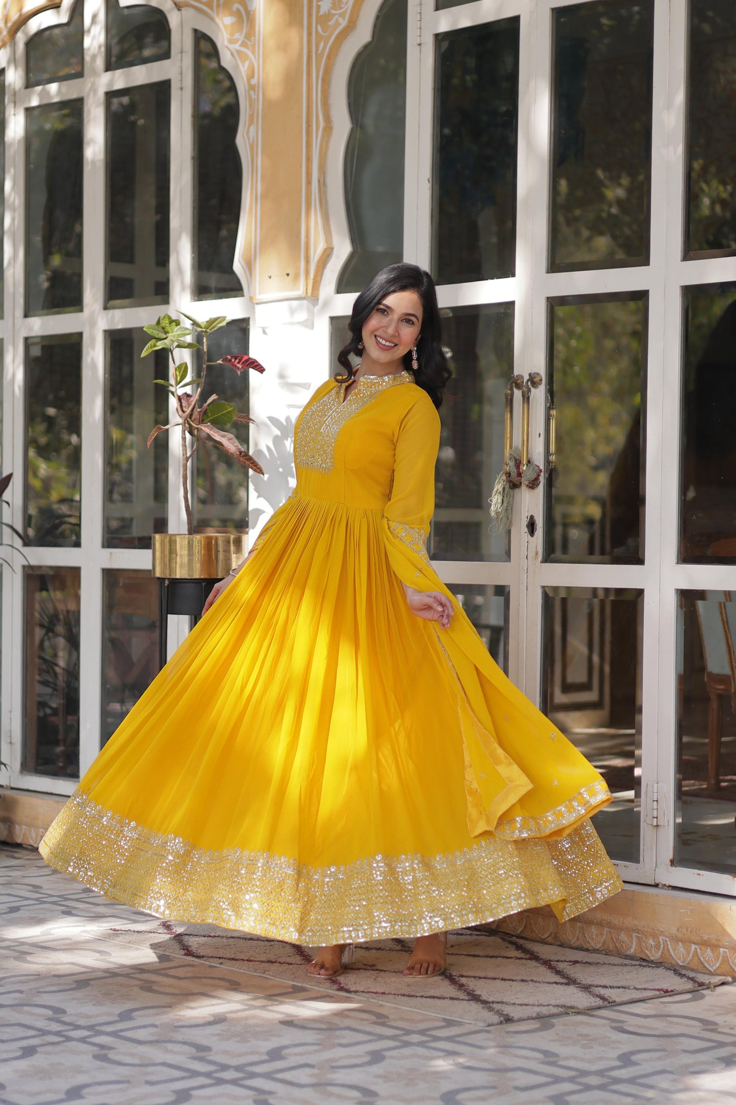 yellow Color Outfit Made From Georgette Fabric And Sequins Embroidered Work