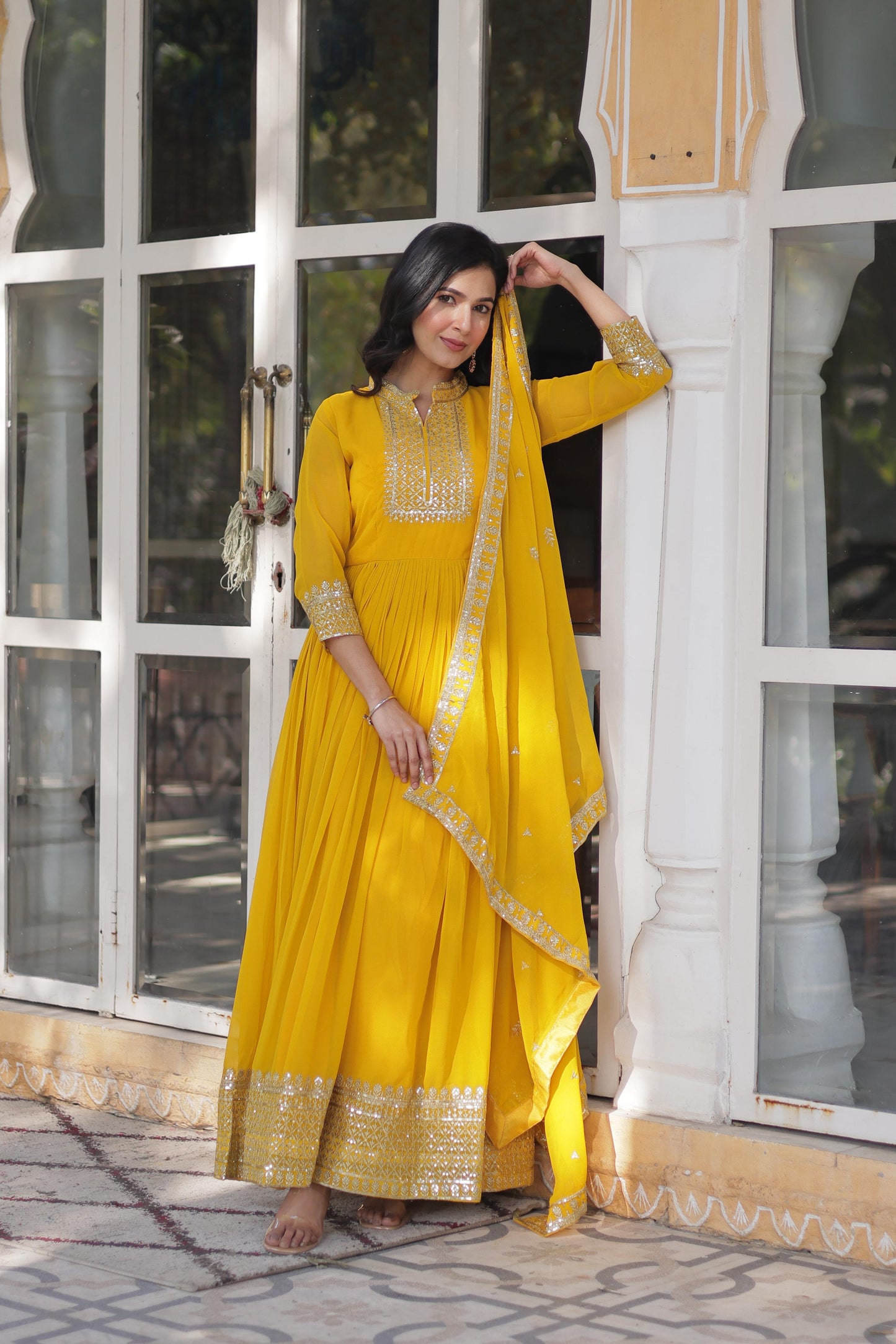 yellow Color Outfit Made From Georgette Fabric And Sequins Embroidered Work