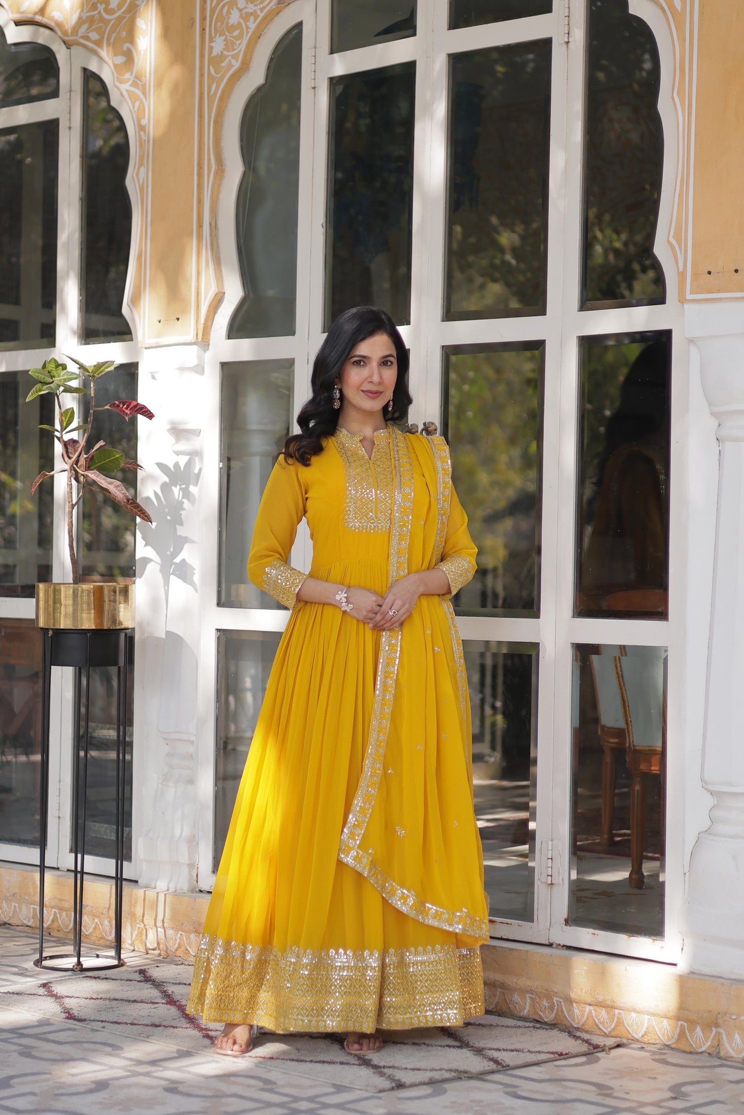 yellow Color Outfit Made From Georgette Fabric And Sequins Embroidered Work