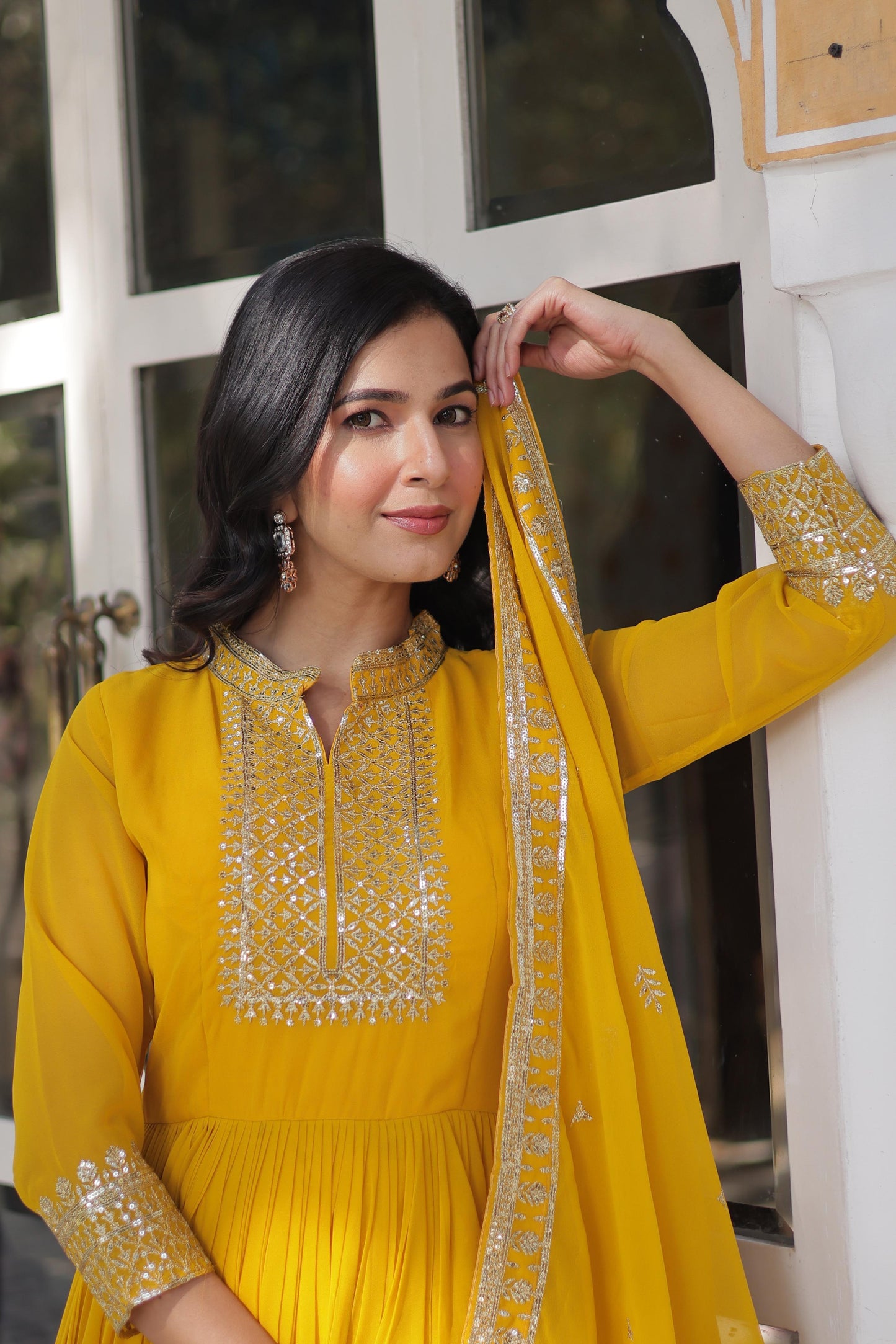 yellow Color Outfit Made From Georgette Fabric And Sequins Embroidered Work