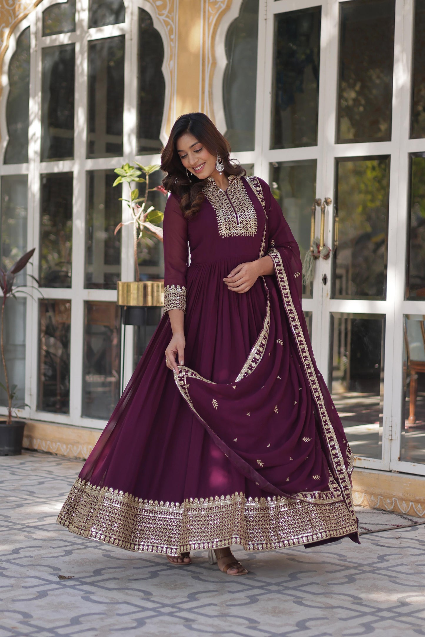 Wine Color Outfit Made From Georgette Fabric And Sequins Embroidered Work