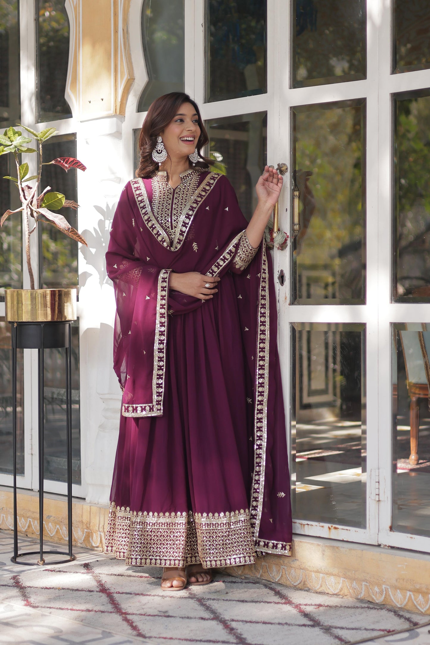 Wine Color Outfit Made From Georgette Fabric And Sequins Embroidered Work