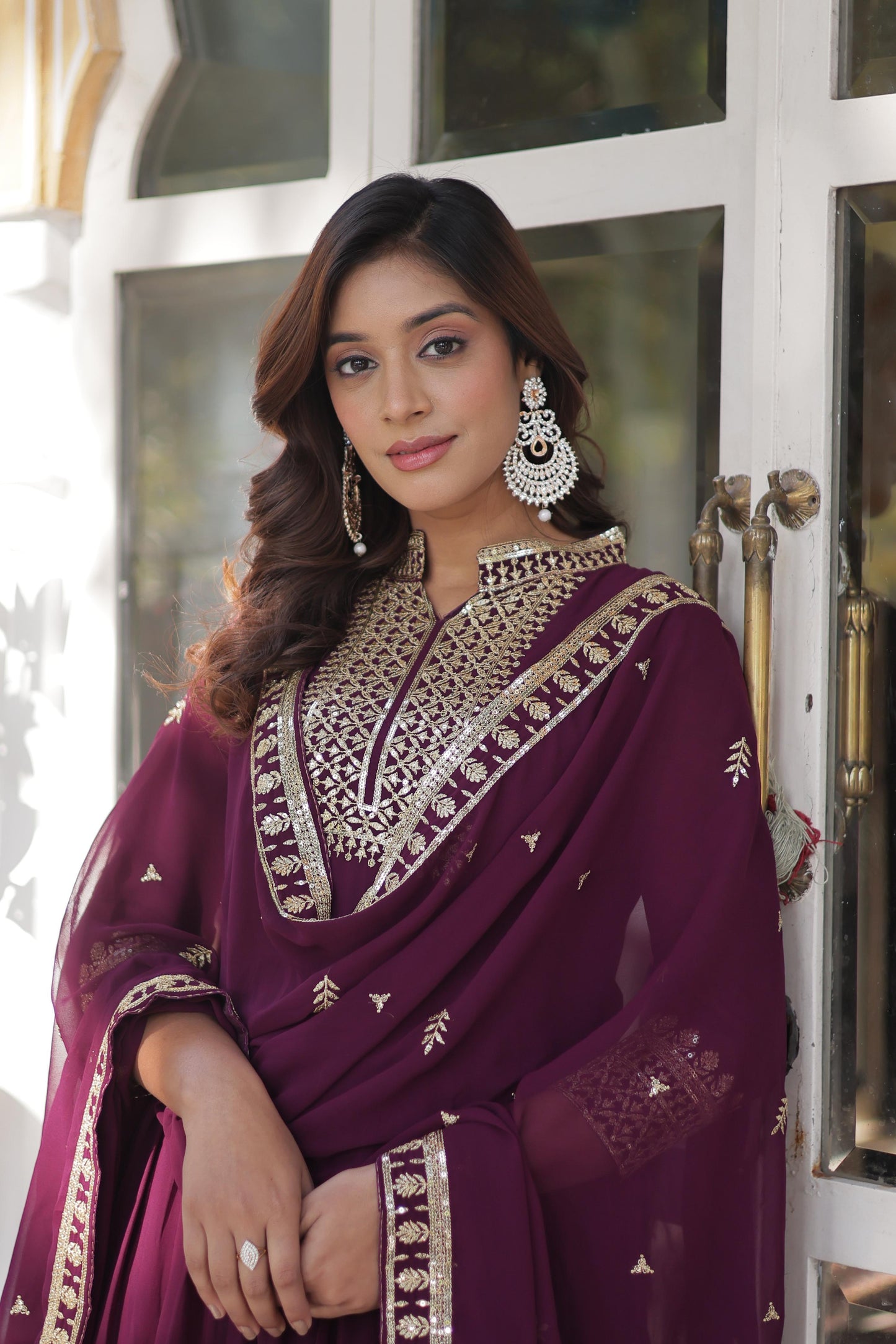 Wine Color Outfit Made From Georgette Fabric And Sequins Embroidered Work