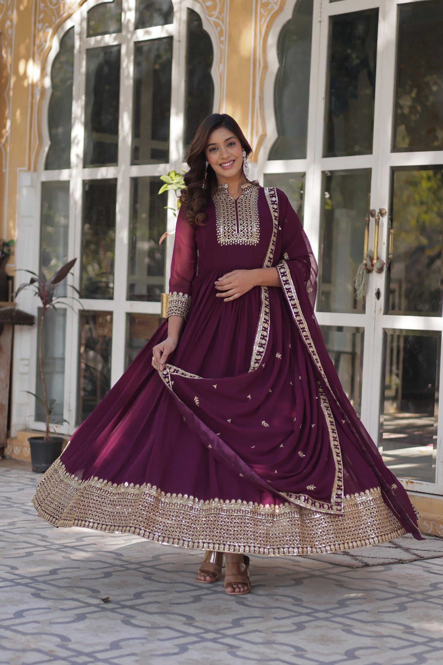 Wine Color Outfit Made From Georgette Fabric And Sequins Embroidered Work