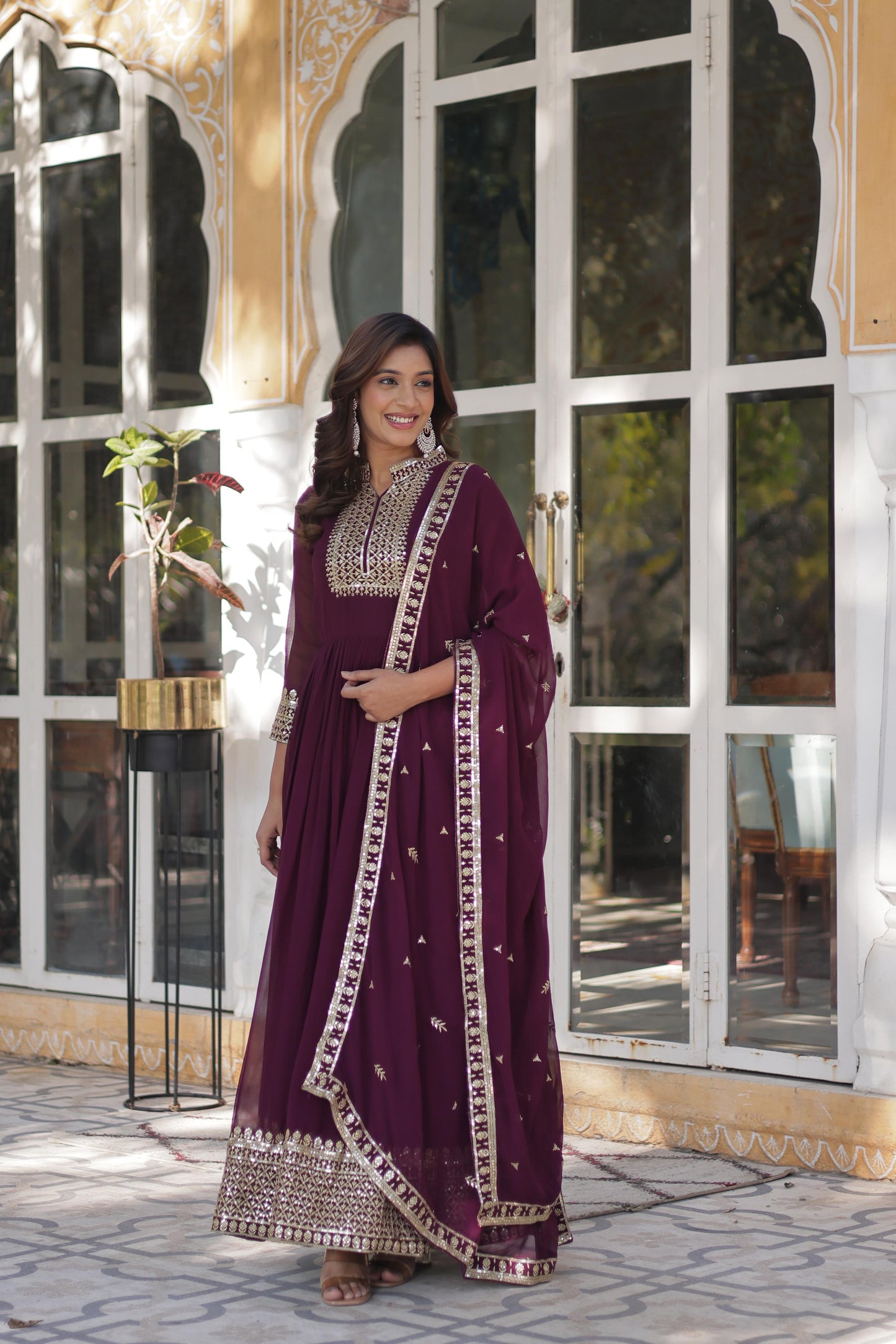 Wine Color Outfit Made From Georgette Fabric And Sequins Embroidered Work