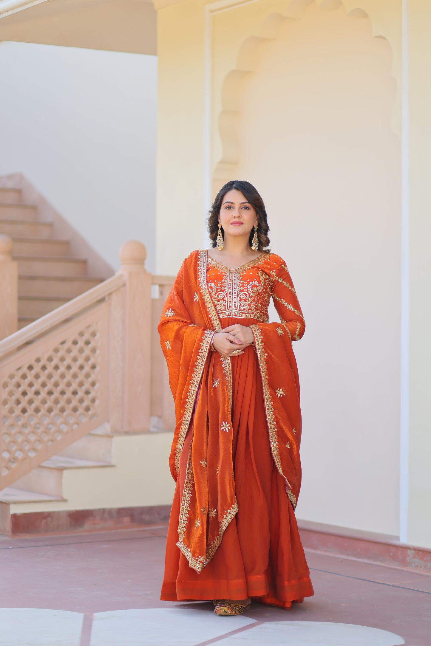 Fanta Color Beautiful Gown in Fancy Fendy Fabric with sequence work
