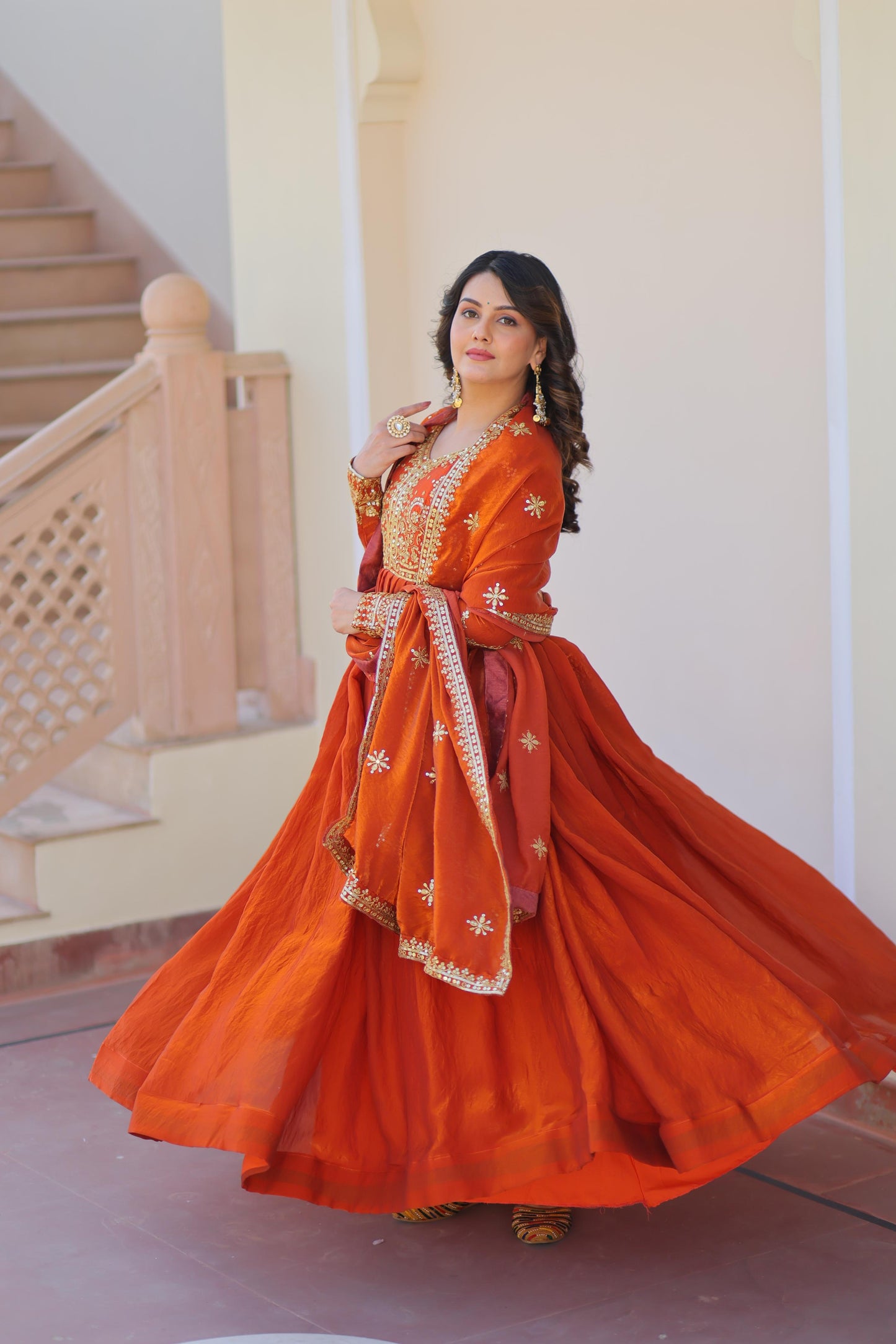 Fanta Color Beautiful Gown in Fancy Fendy Fabric with sequence work
