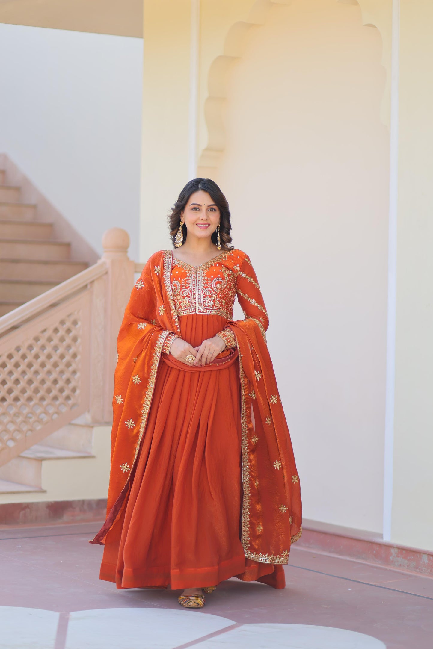 Fanta Color Beautiful Gown in Fancy Fendy Fabric with sequence work