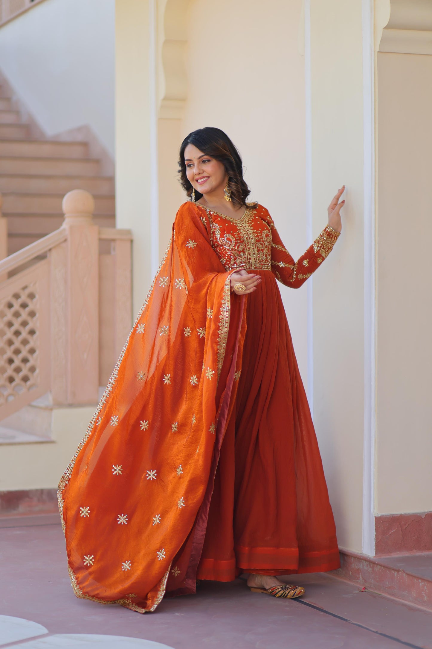 Fanta Color Beautiful Gown in Fancy Fendy Fabric with sequence work
