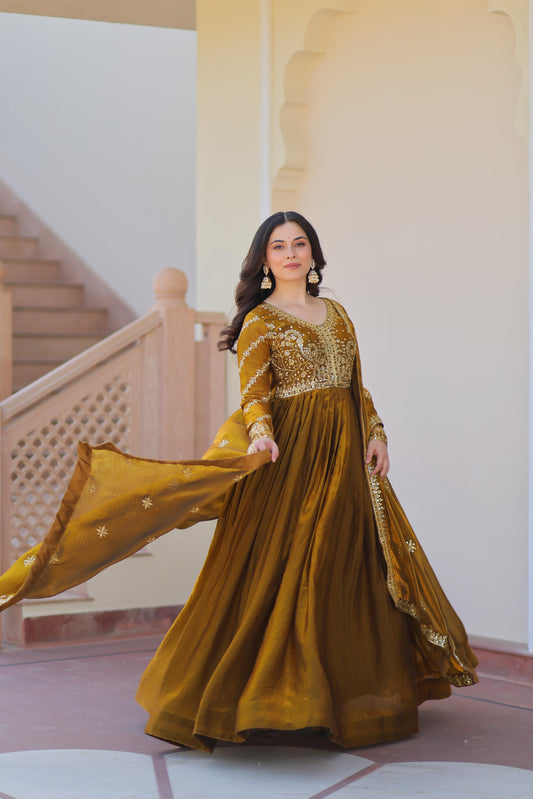 Mehendi Color Beautiful Gown in Fancy Fendy Fabric with sequence work