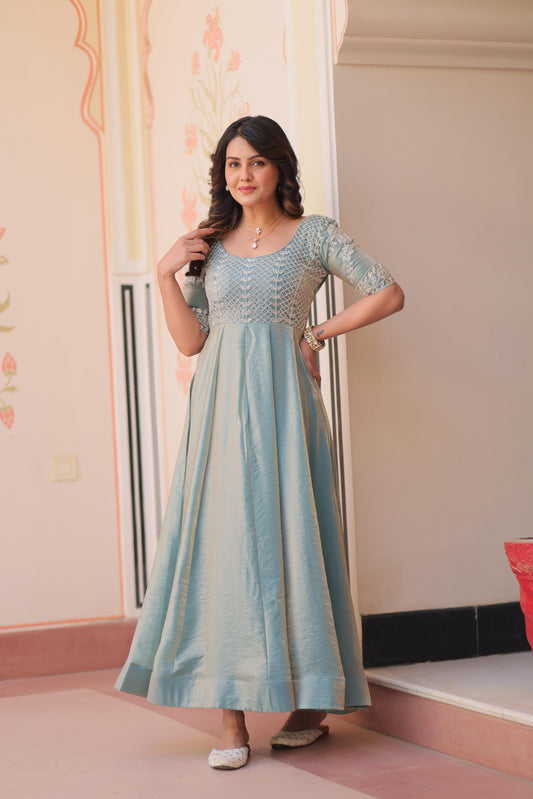 Readymade Designer Gown in Fandy silk Fabric in blue color
