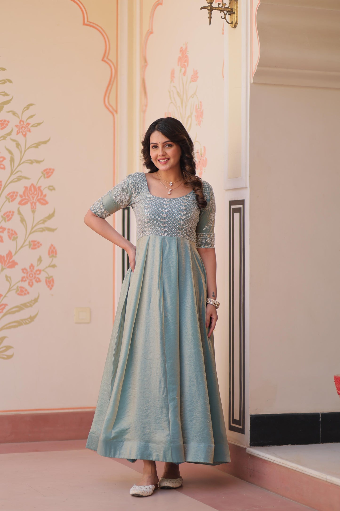 Readymade Designer Gown in Fandy silk Fabric in blue color