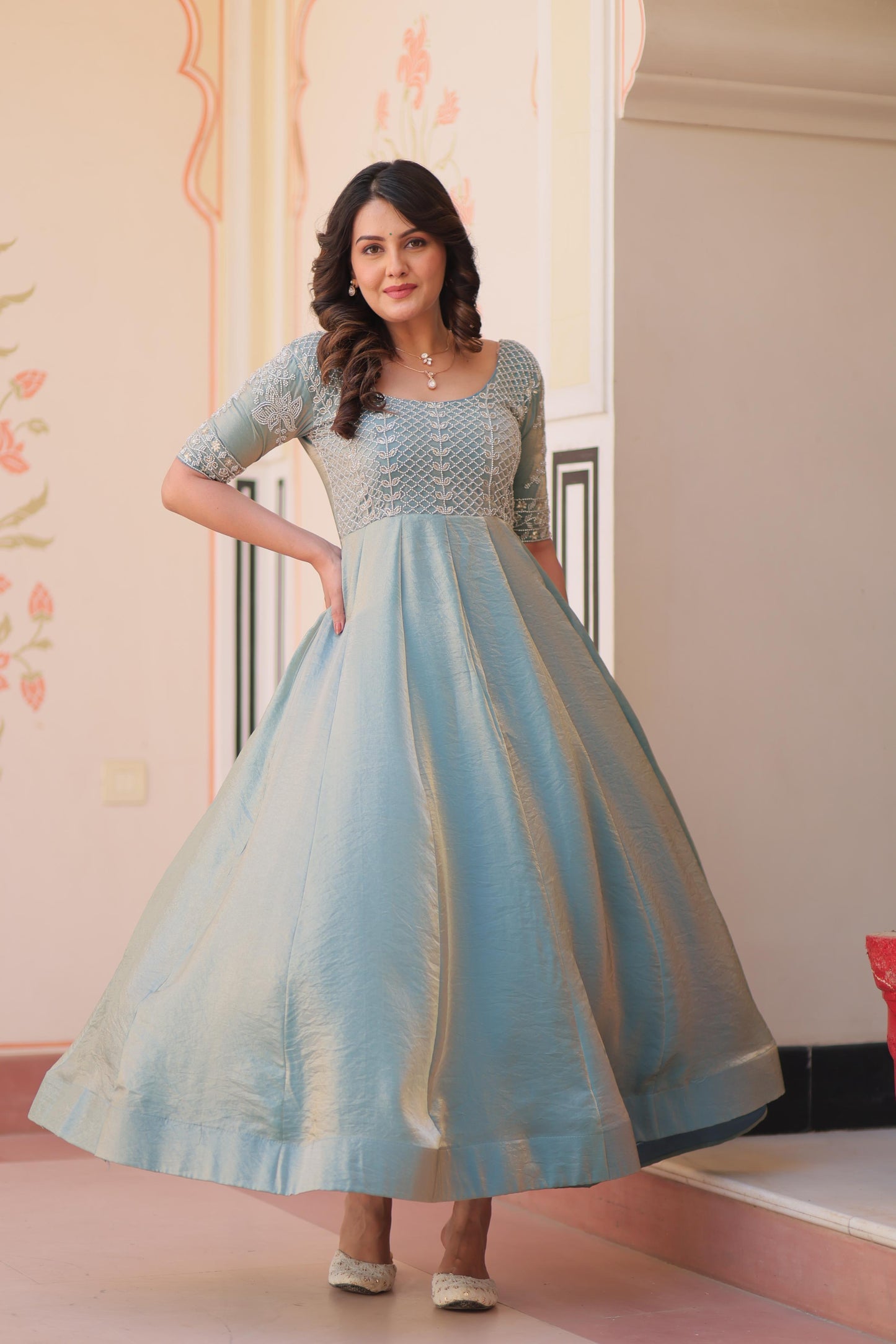 Readymade Designer Gown in Fandy silk Fabric in blue color