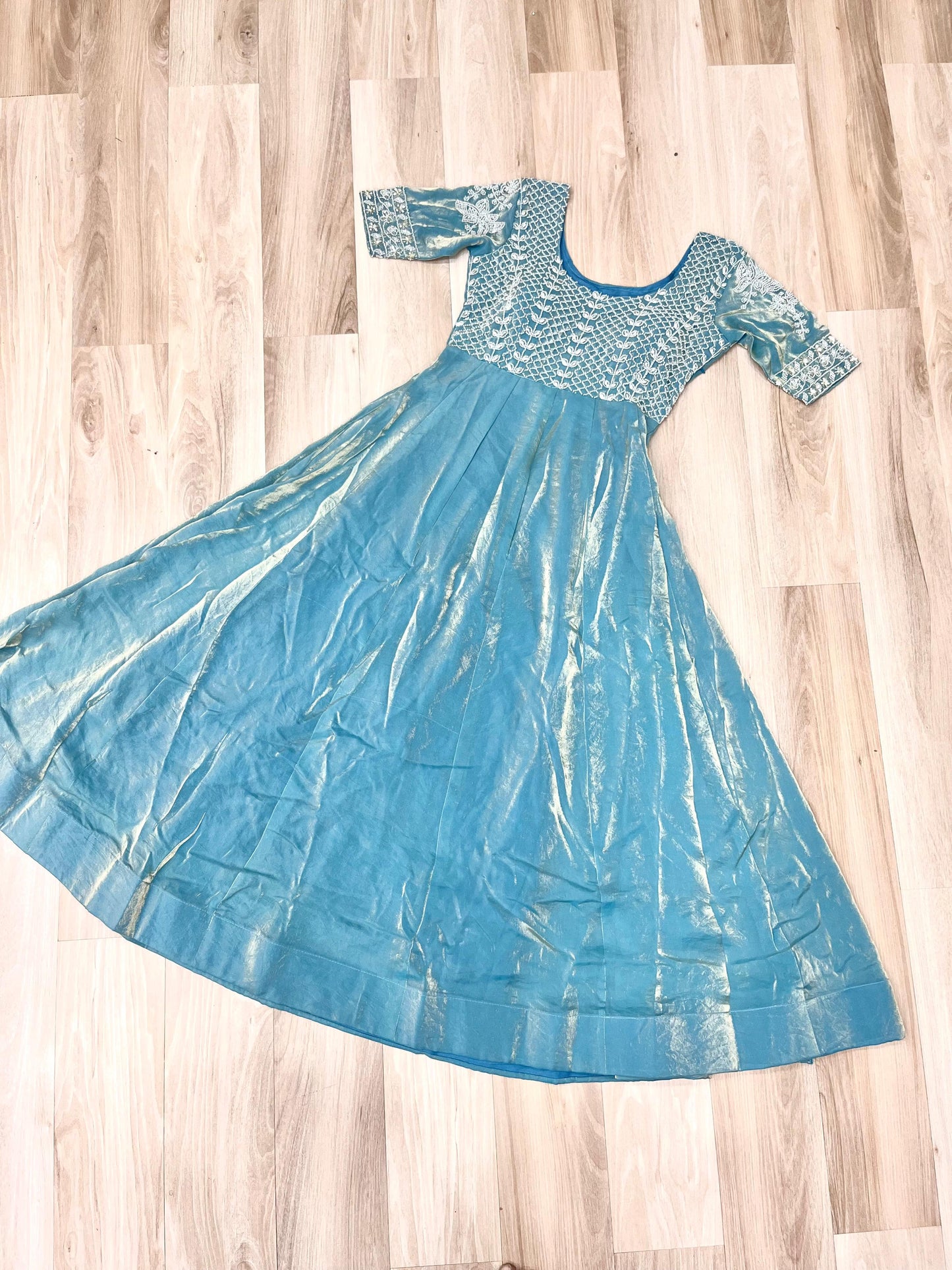 Readymade Designer Gown in Fandy silk Fabric in blue color