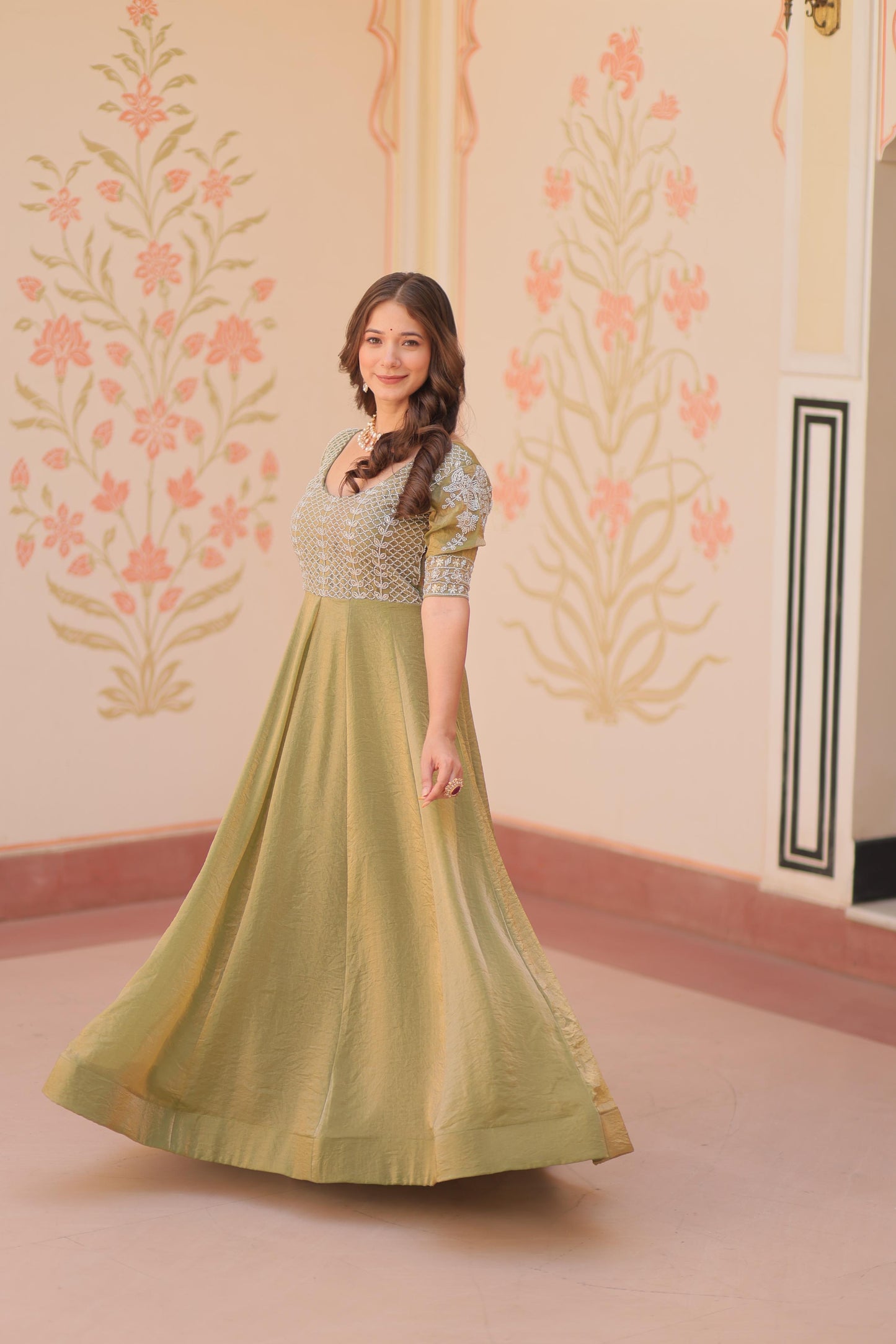 Readymade Designer Gown in Fandy silk Fabric in green color