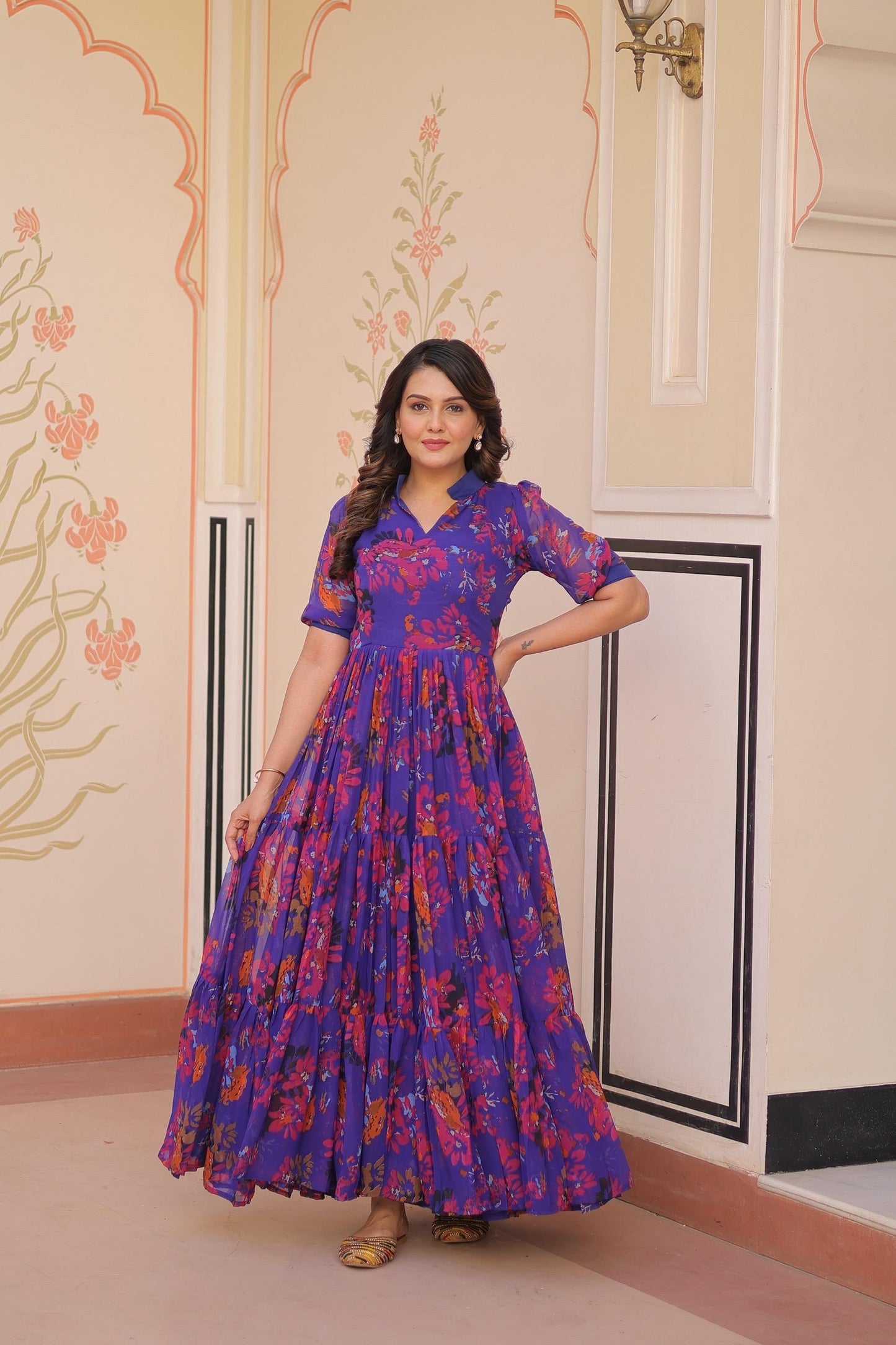 women fully flair gown made with faux georgette fabrics with print with 10+ meter flair
