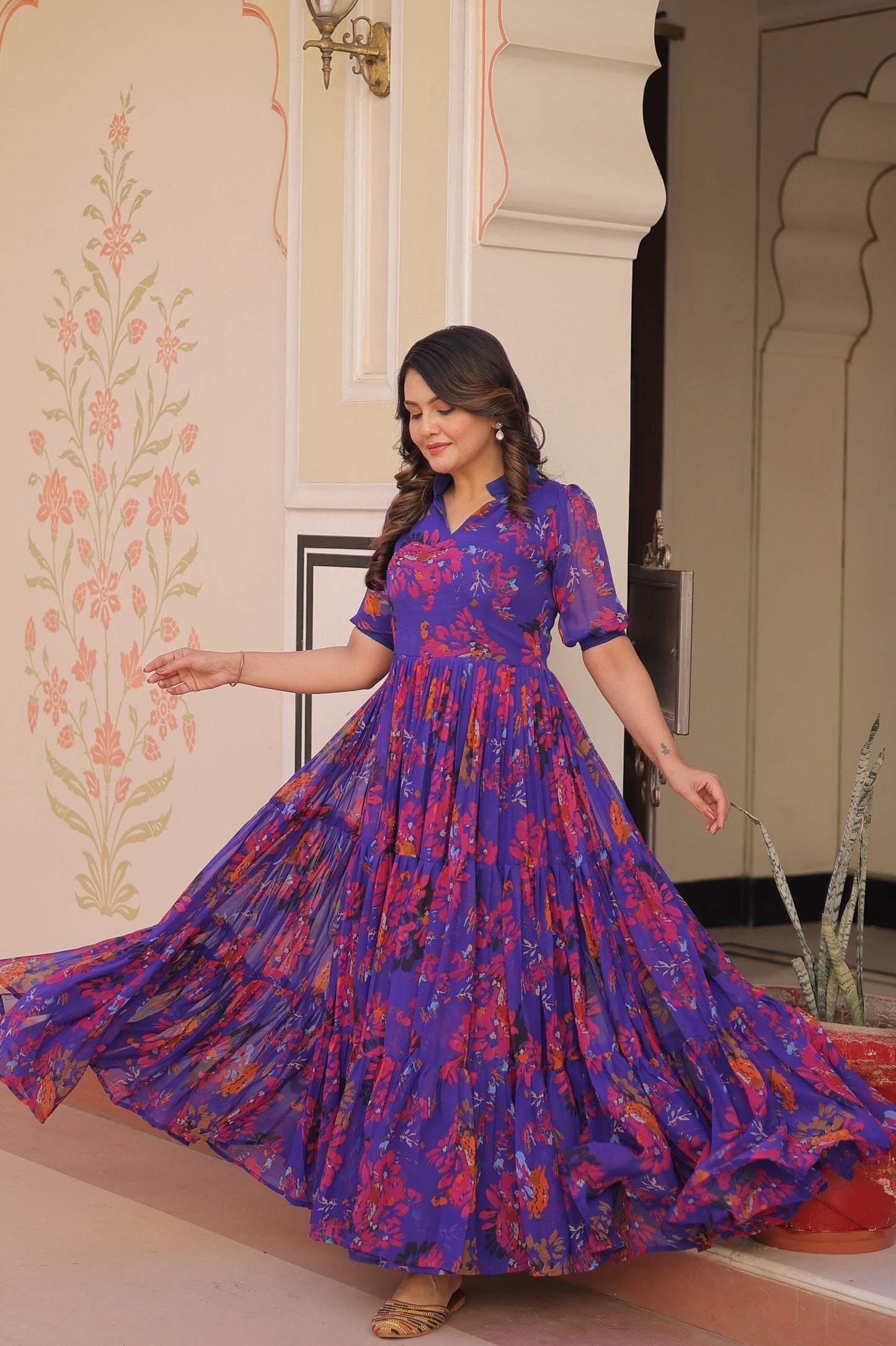women fully flair gown made with faux georgette fabrics with print with 10+ meter flair