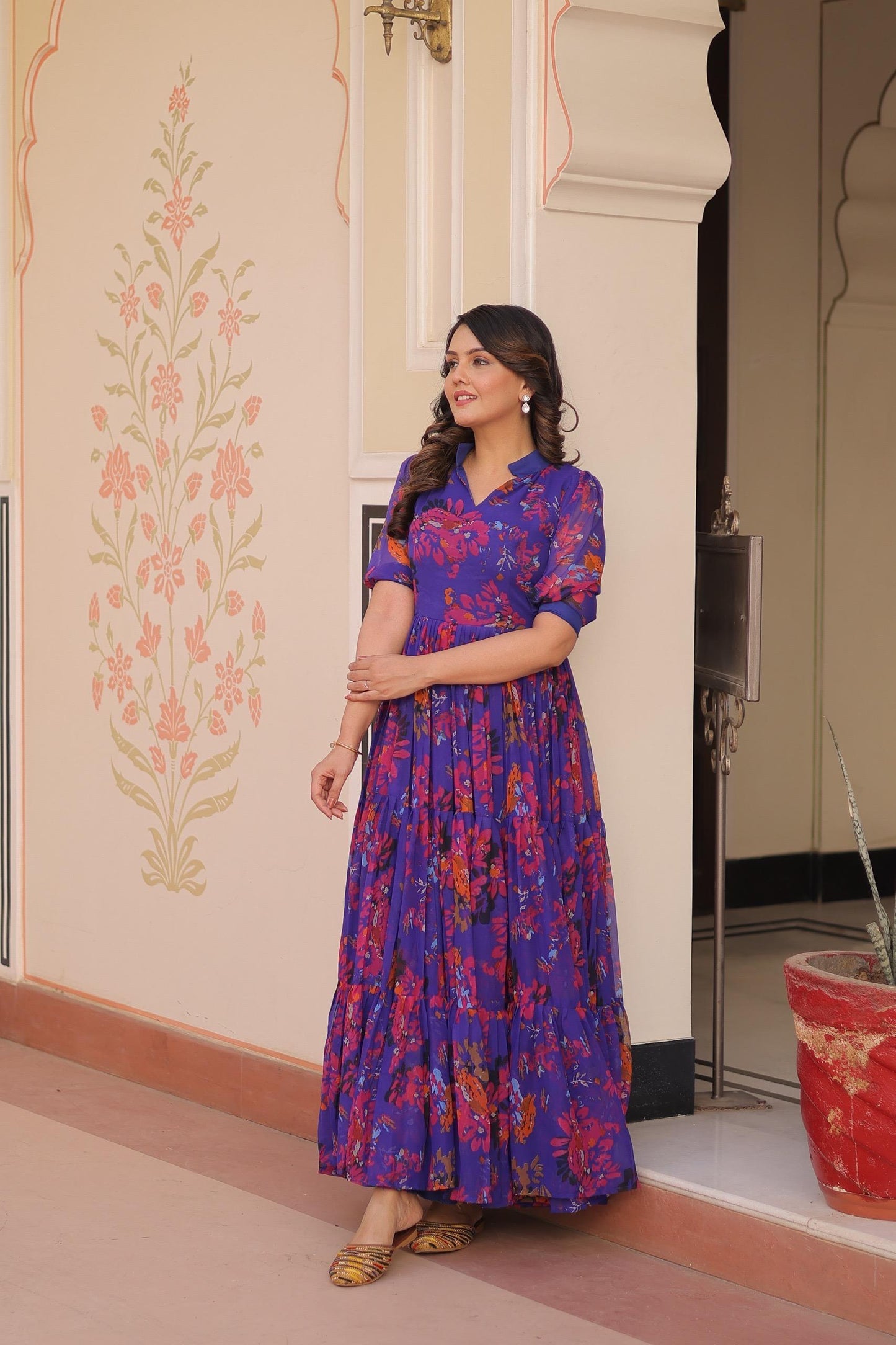 women fully flair gown made with faux georgette fabrics with print with 10+ meter flair