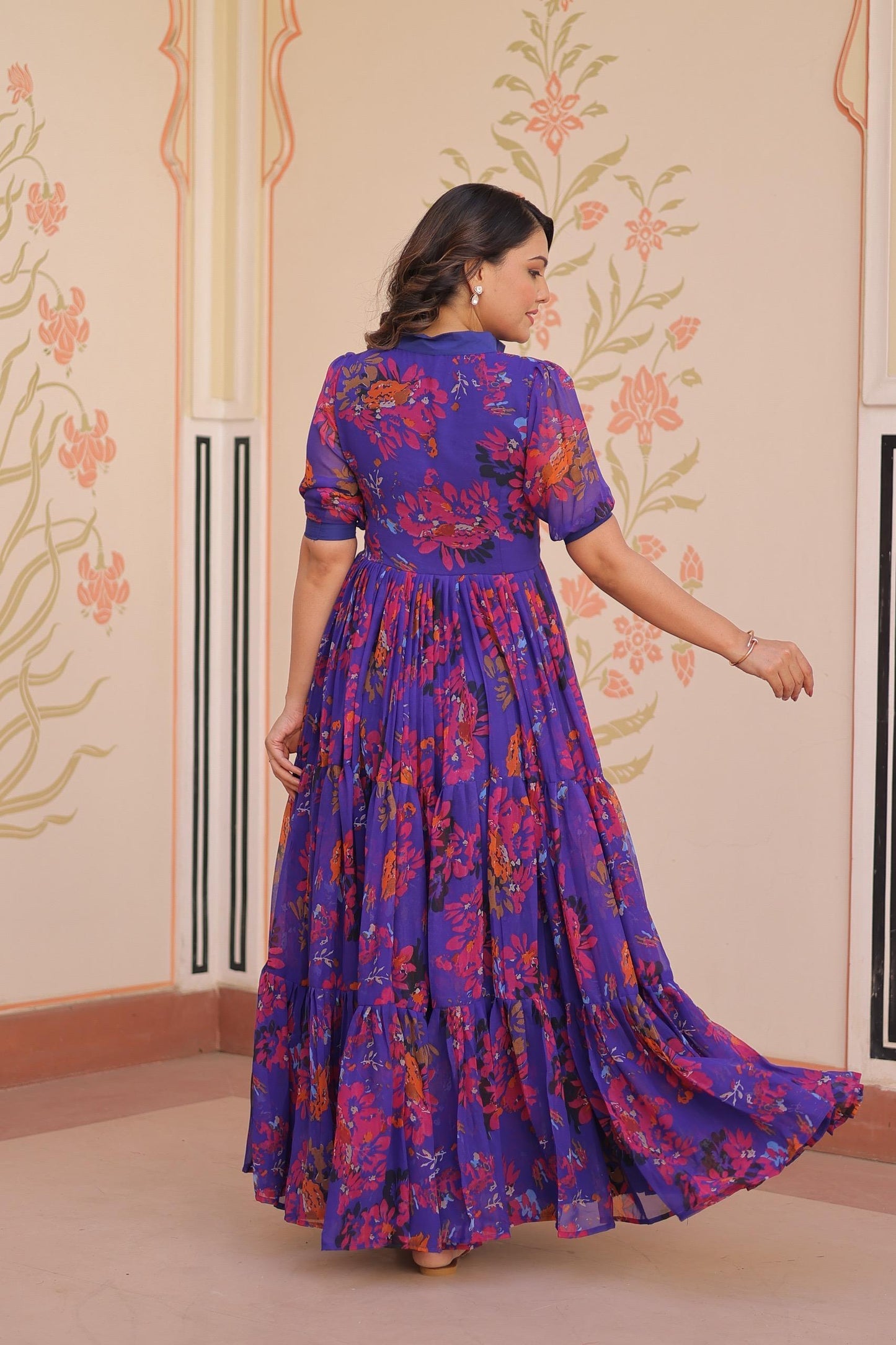 women fully flair gown made with faux georgette fabrics with print with 10+ meter flair