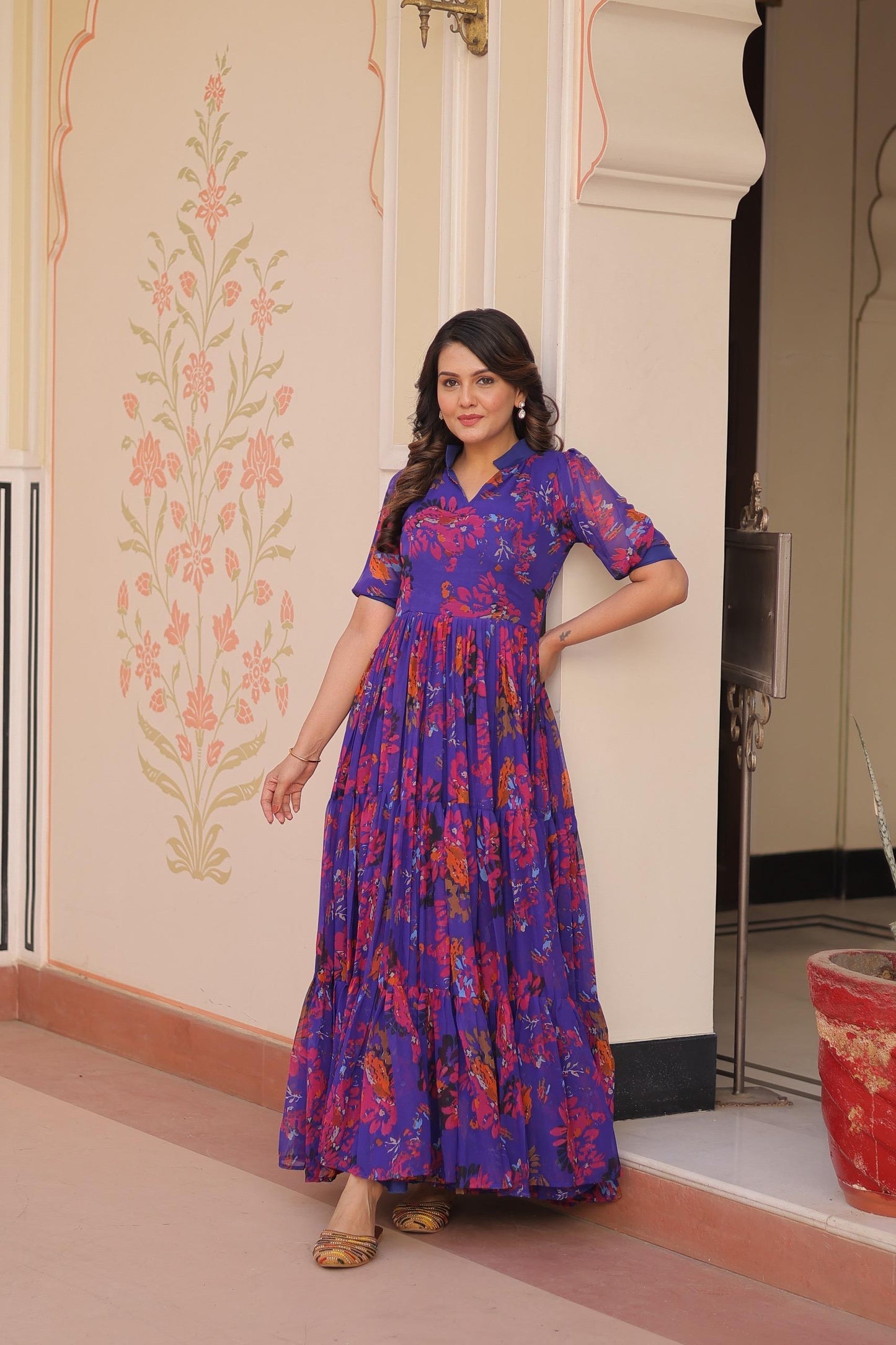 women fully flair gown made with faux georgette fabrics with print with 10+ meter flair