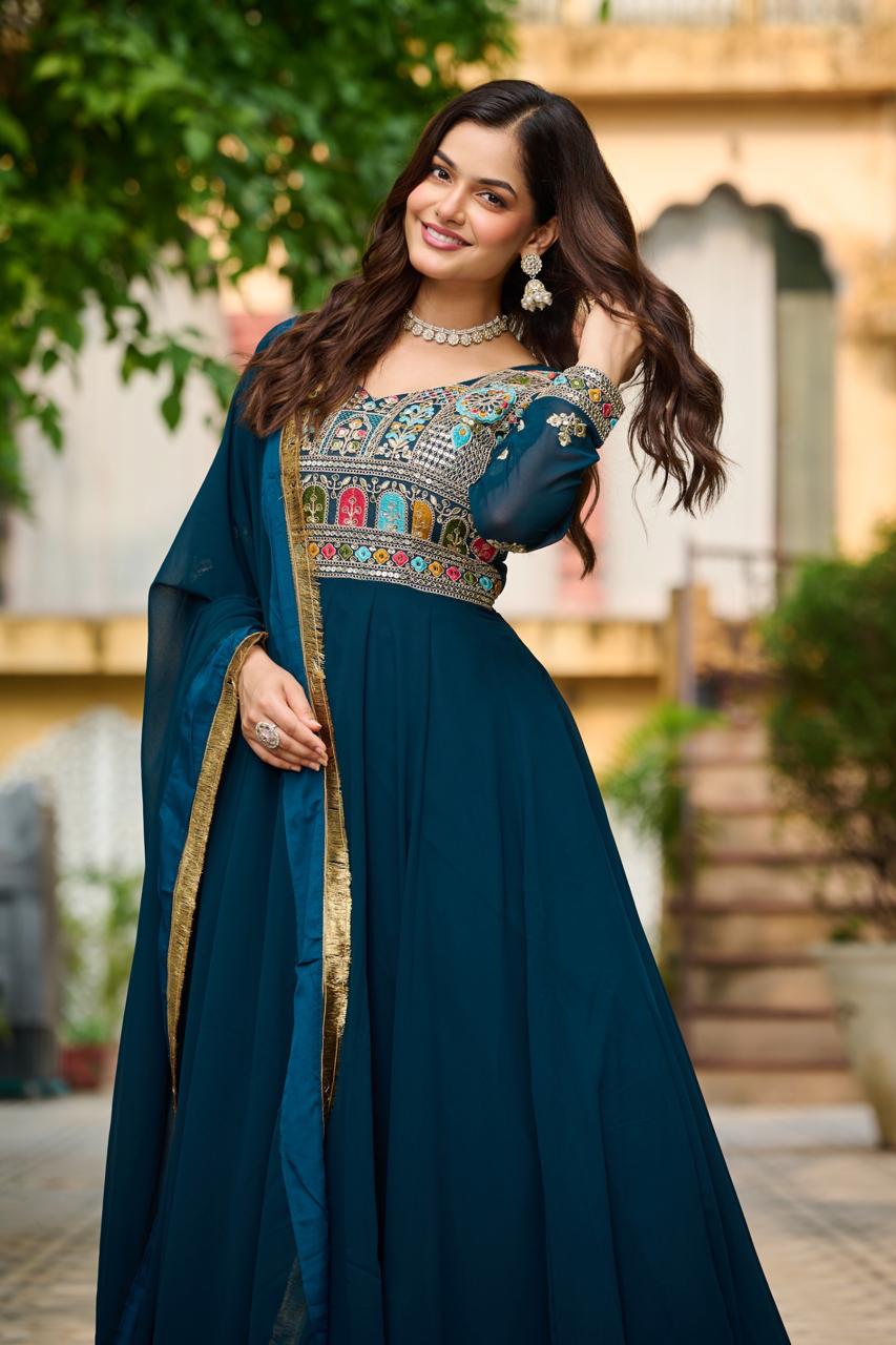 Rama Color Beautiful Anarkali Gown in Georgette Fabric