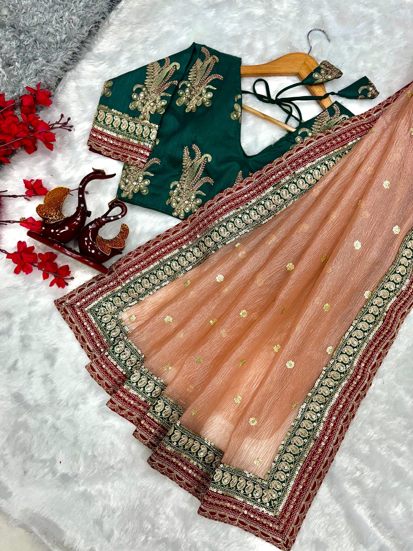 Beautiful Crush Banarasi Saree with Sequins And Cording Embroidery Work