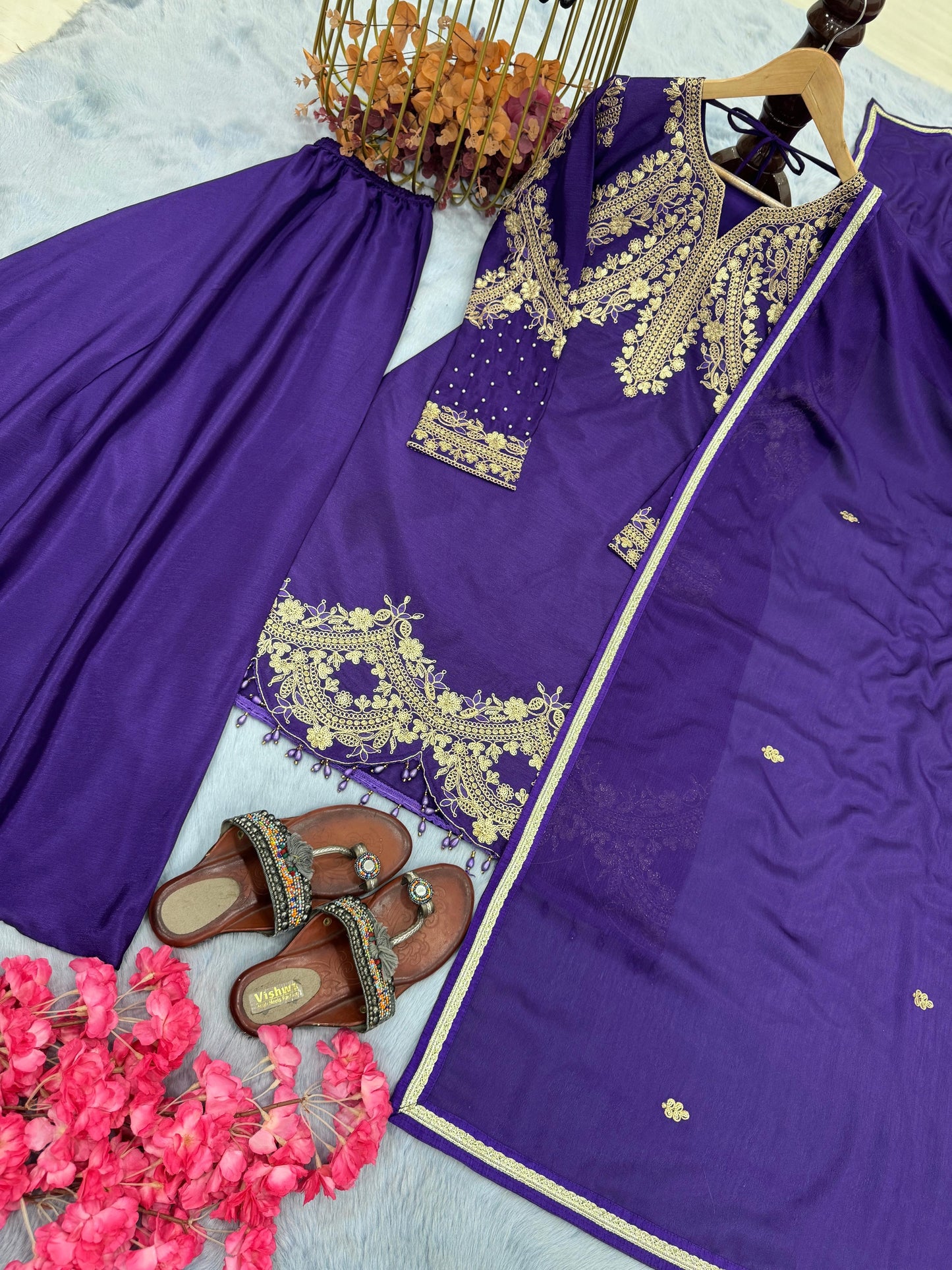 Purple Color Beautiful Plazo Suit in Chinon Fabric