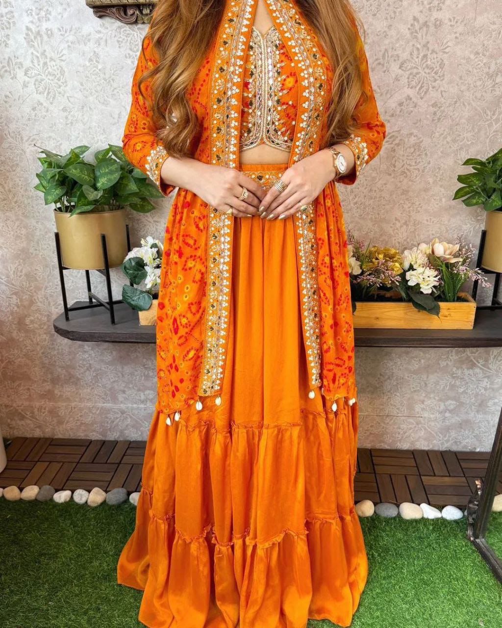Trending Party Wear Shrug Lehenga In Orange Color in Gerogette Fabric
