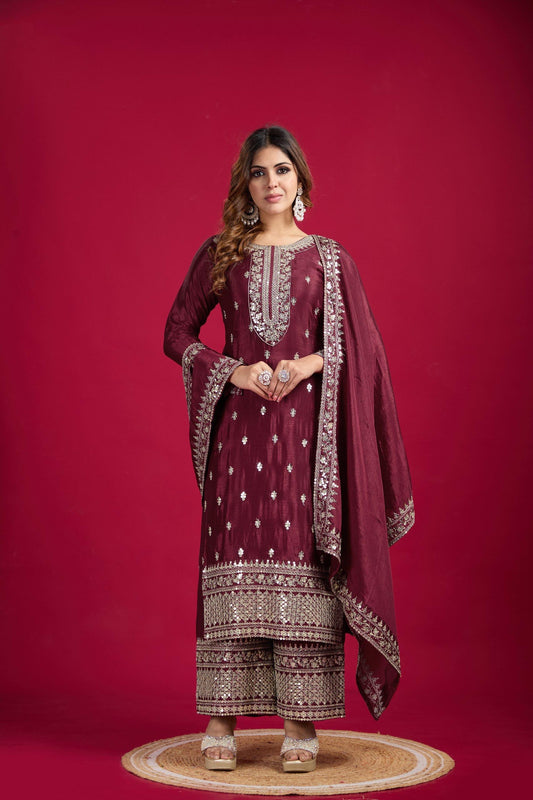 Chinnon And Heavy Embroidery Sequence Work Top-Bottom And Dupatta Set