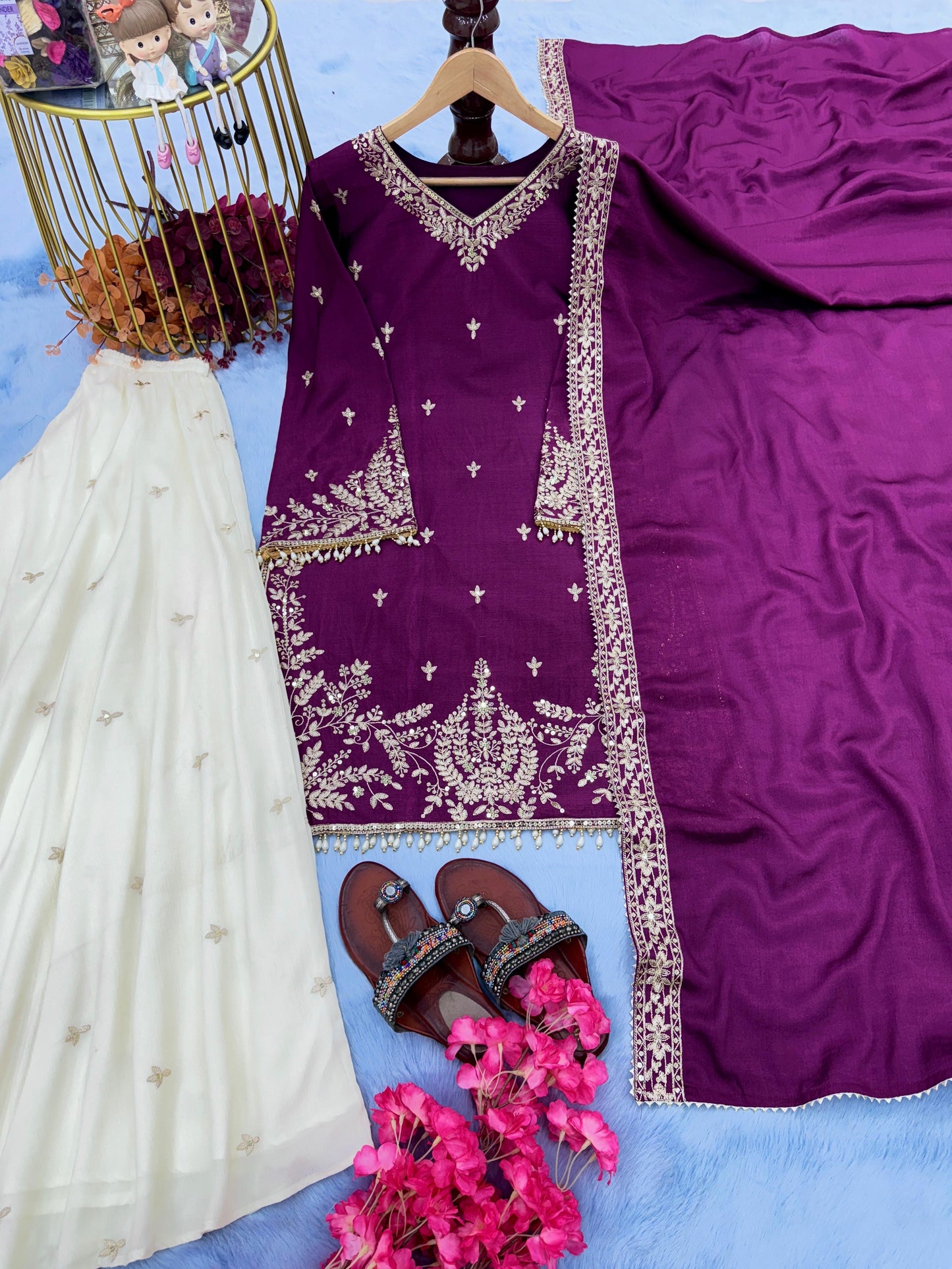 Purple Color Beautiful Chinon Fabric Plazo Suit