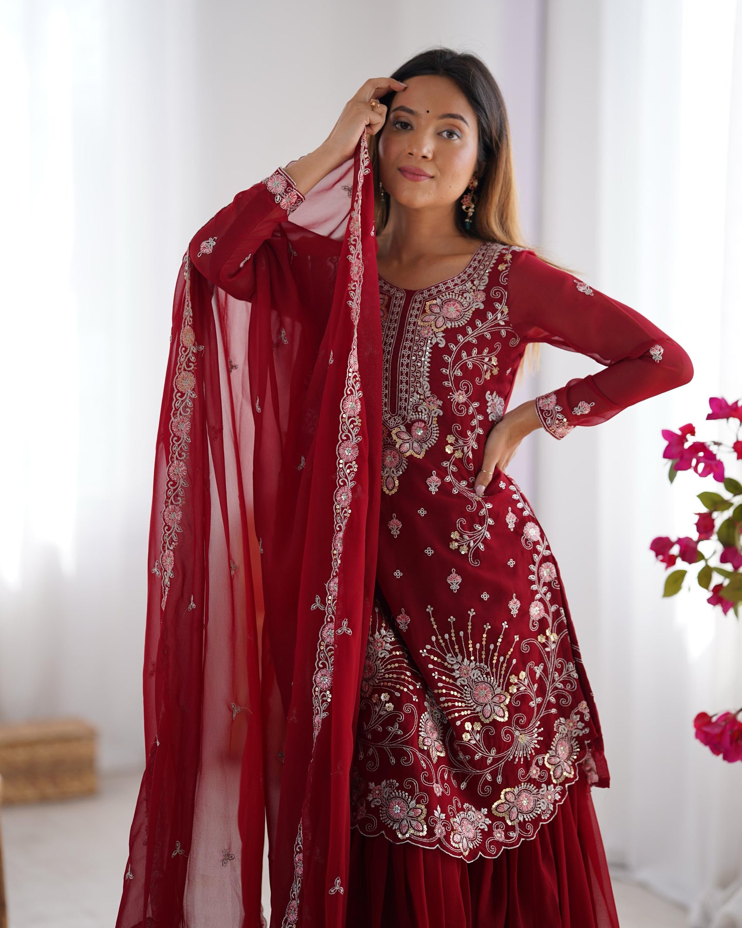 Red Maroon Color Beautiful Partywear Sharara Suit in Georgette Fabric