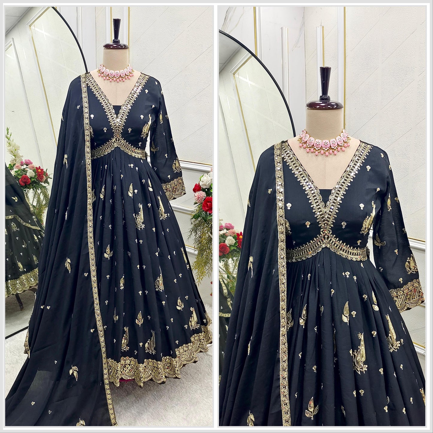 Black Color Beautiful Anarakli Dress in Chinon FAbric