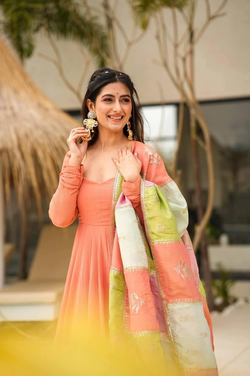 Peach Color Beautiful Partywear Anarkali Suit