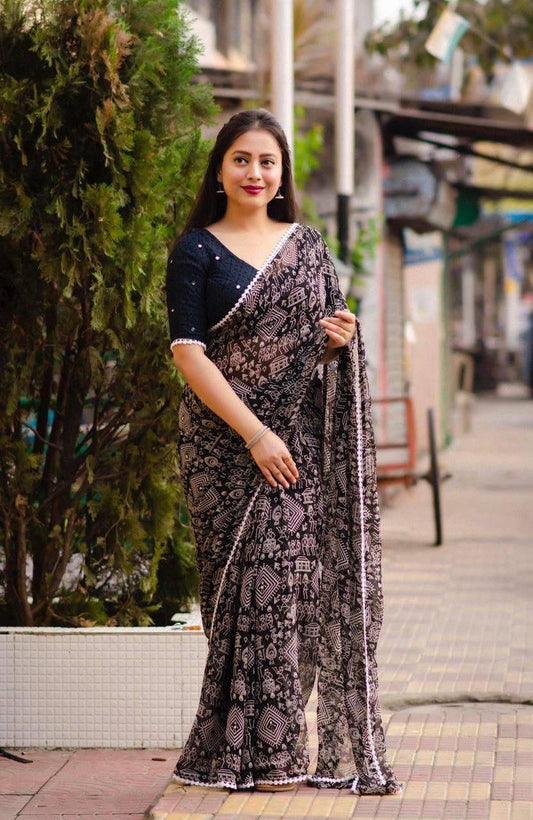 Black Color Beautiful Georgette Saree For Regulars Wear