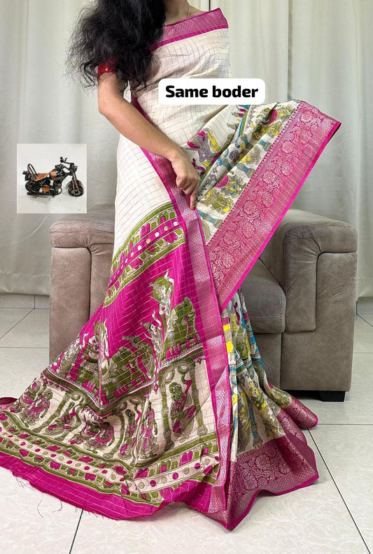 Beautiful Mangalagiri Dola Sarees With Print Checks in white cream