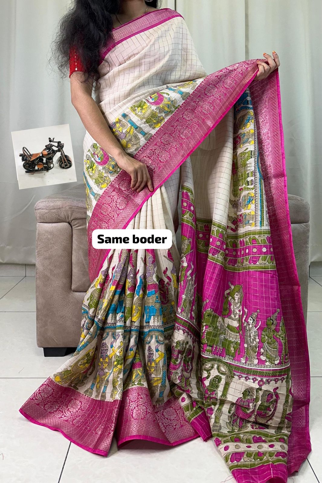 Beautiful Mangalagiri Dola Sarees With Print Checks in white cream