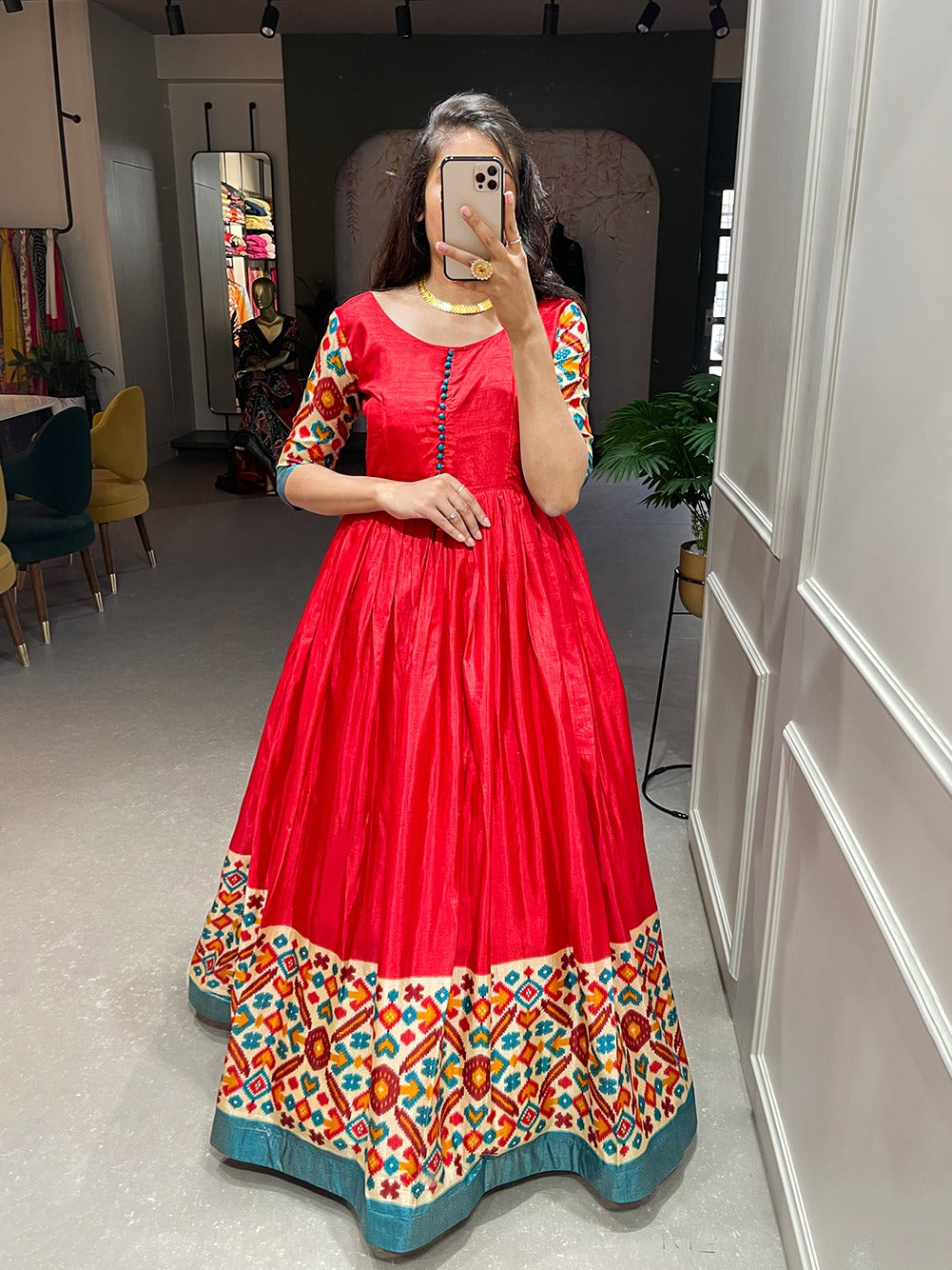 Red Color Gown in Silk Fabric For Summer Wear