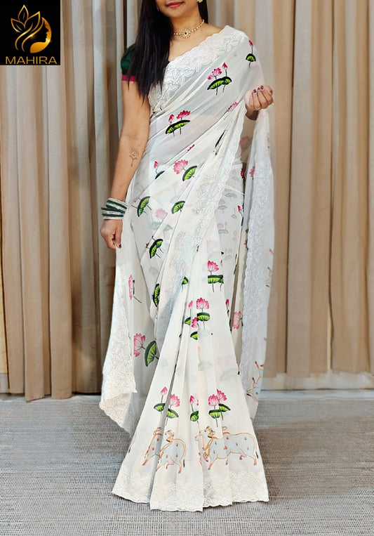 White Cream Color Georgette Fabric Saree
