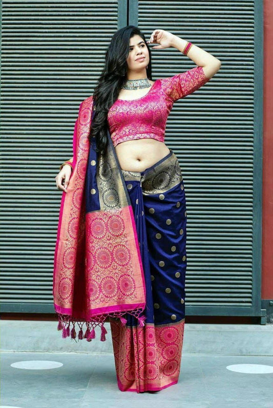 Blue Pink Color Beautiful Banarasi Silk Saree