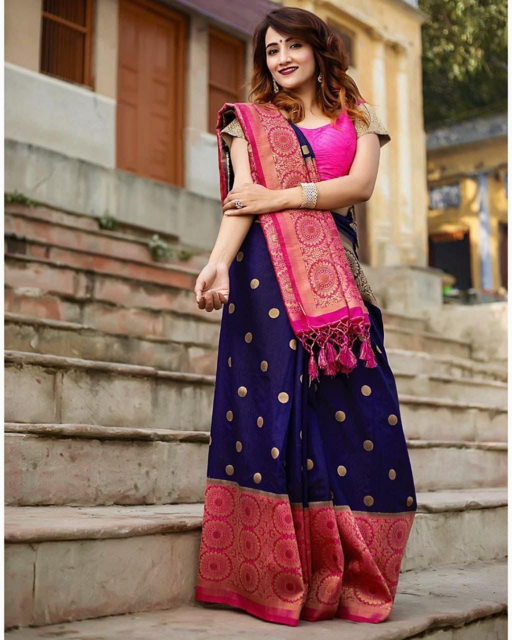 Blue Pink Color Beautiful Banarasi Silk Saree