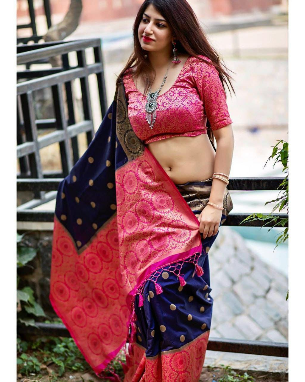 Blue Pink Color Beautiful Banarasi Silk Saree