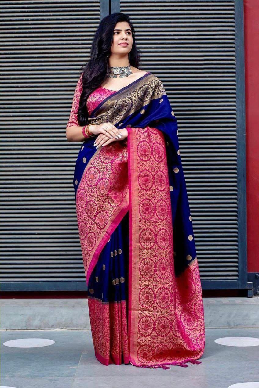 Blue Pink Color Beautiful Banarasi Silk Saree