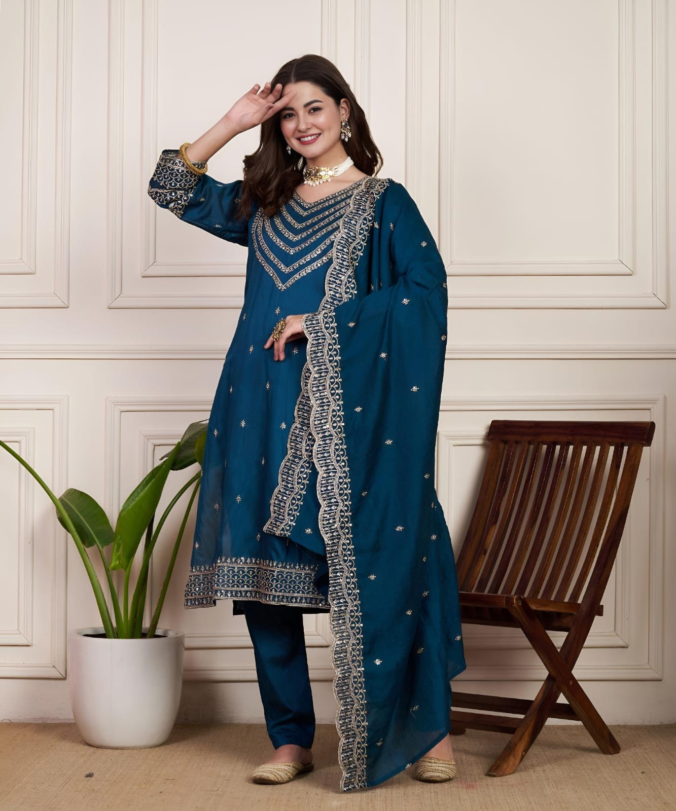 Ready To Wear Chanderi Silk Party Wear Suit in blue color
