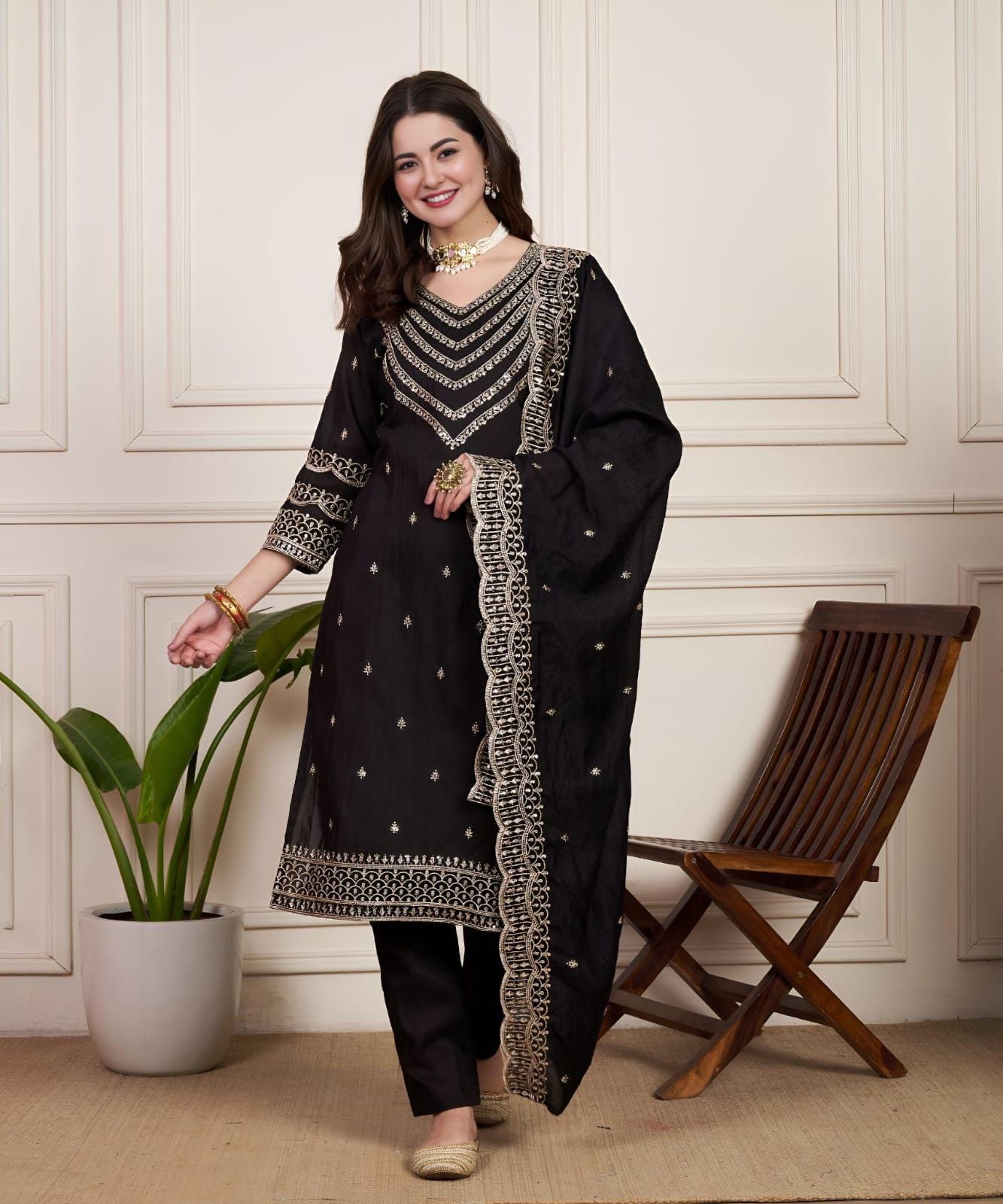 Ready To Wear Chanderi Silk Party Wear Suit in black color