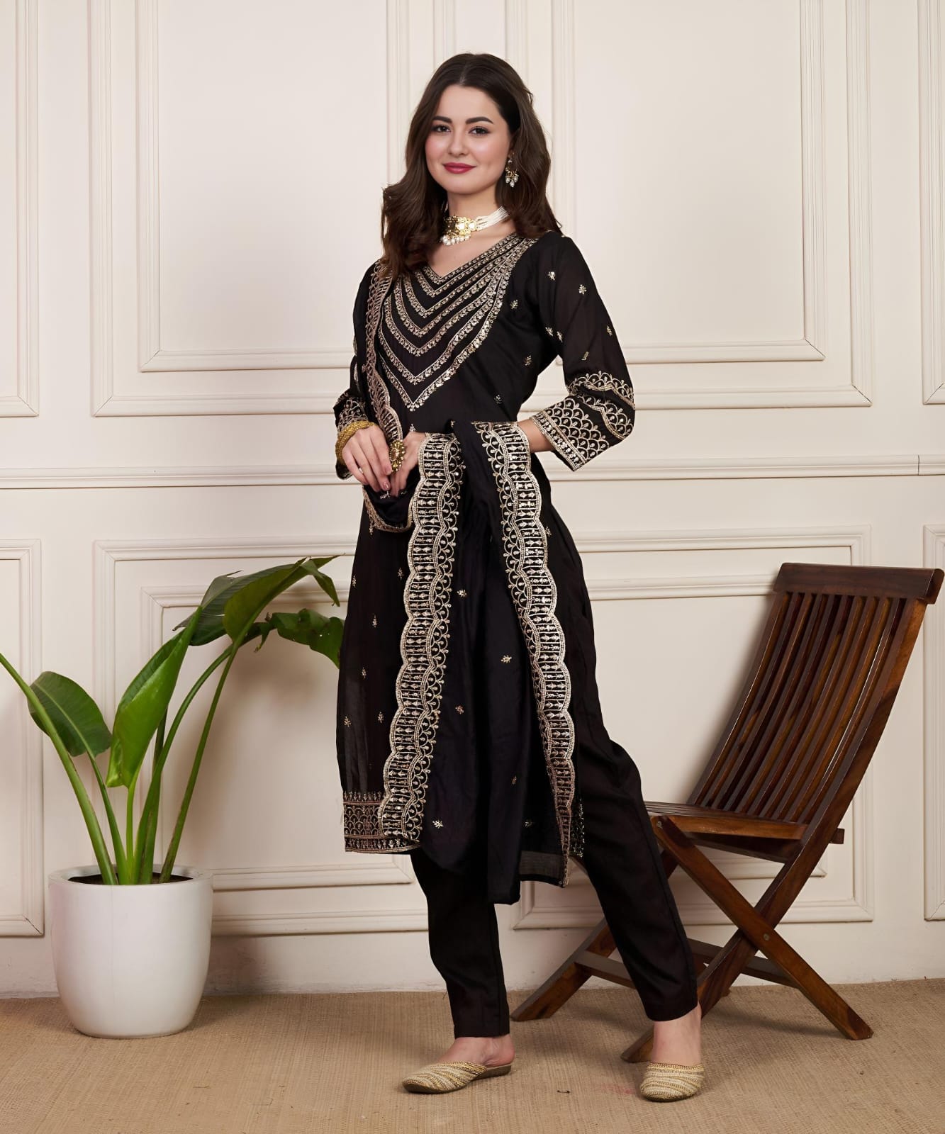 Ready To Wear Chanderi Silk Party Wear Suit in black color