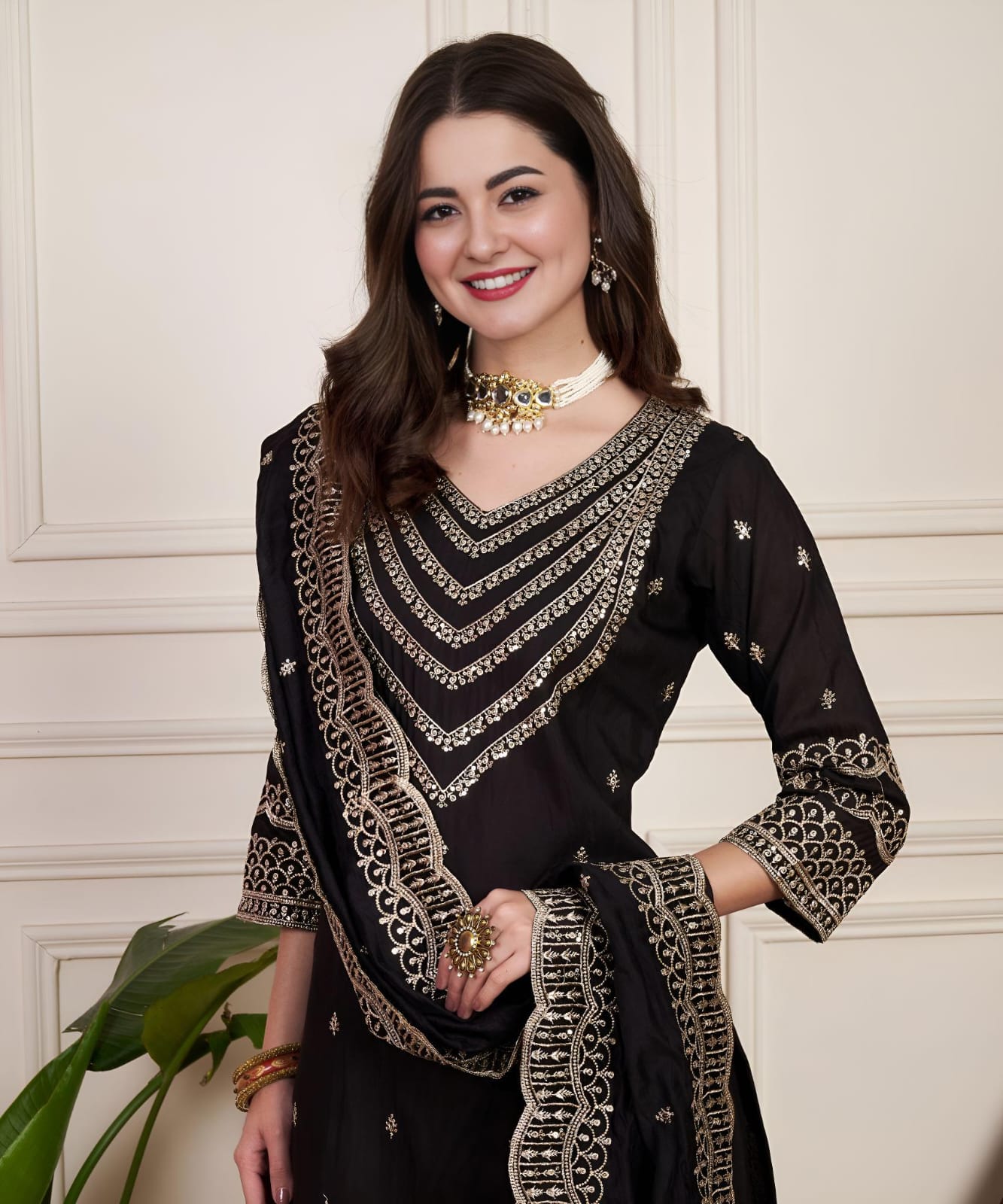 Ready To Wear Chanderi Silk Party Wear Suit in black color