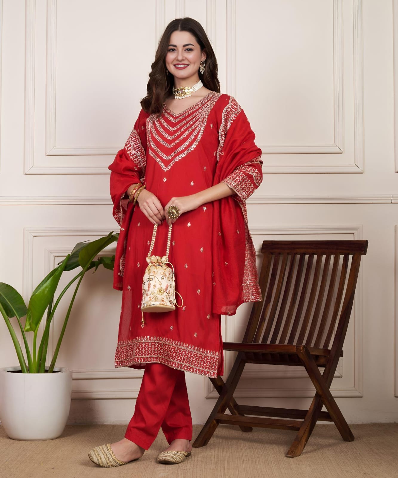 Ready To Wear Chanderi Silk Party Wear Suit in red color