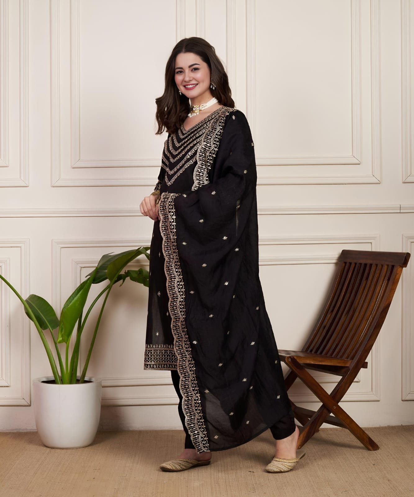 Ready To Wear Chanderi Silk Party Wear Suit in black color